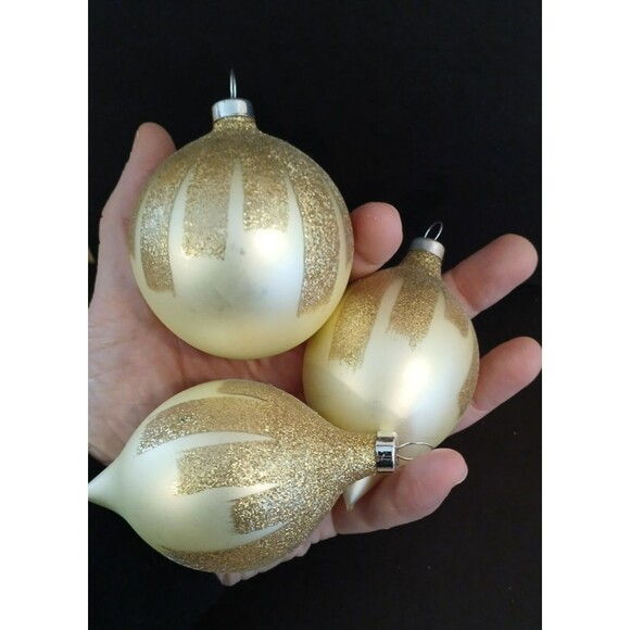 Set of 3 Vintage Glass Christmas Ornaments Gold Glitter Holiday Decorations - Picture 2 of 2
